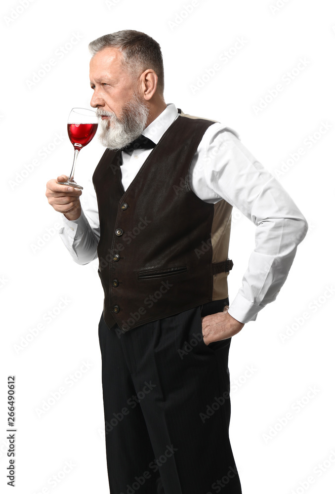 Portrait of elegant mature sommelier on white background