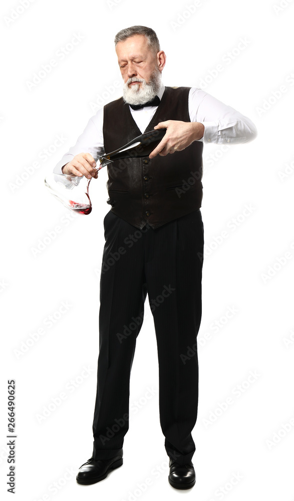 Portrait of elegant mature sommelier on white background