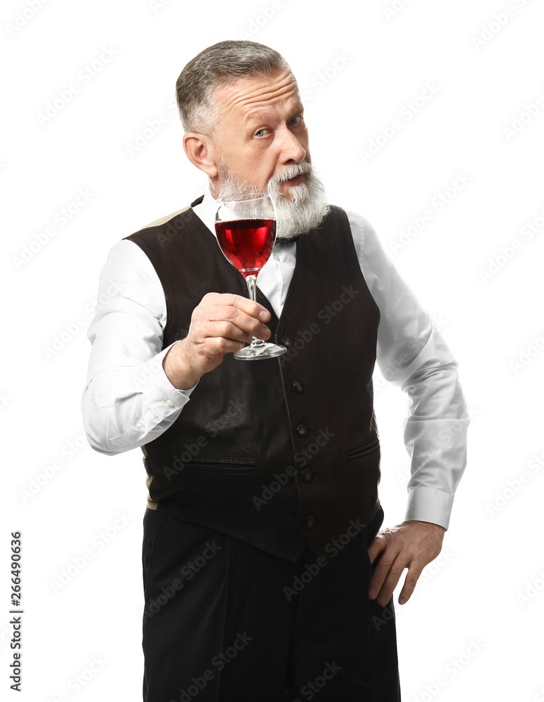 Portrait of elegant mature sommelier on white background