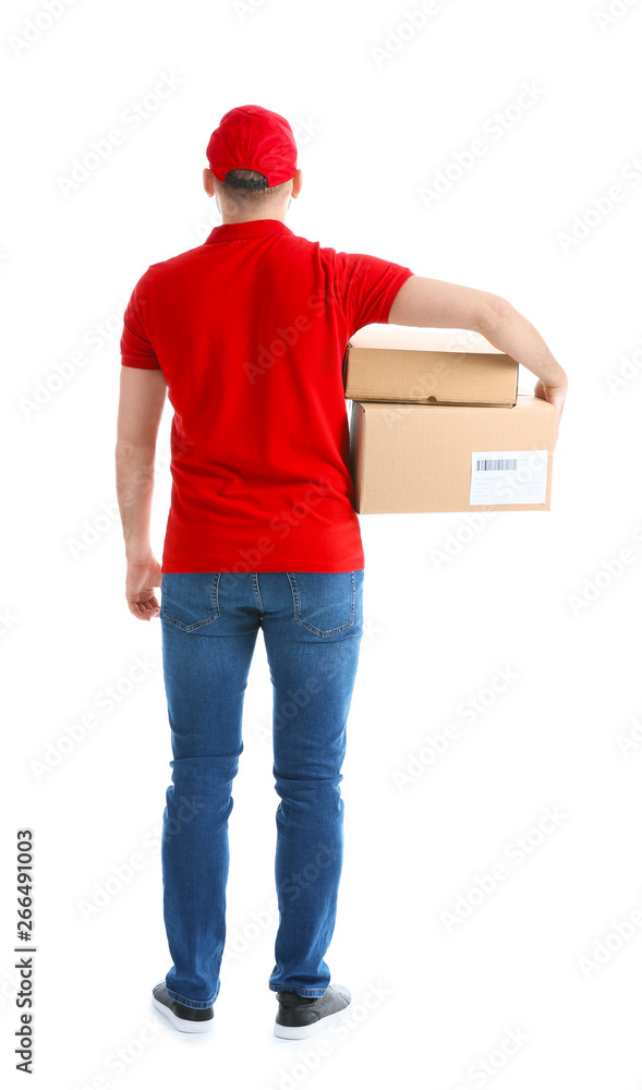 Handsome delivery man with boxes on white background, back view