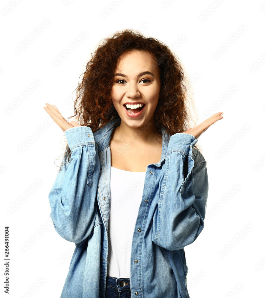 Happy young woman on white background