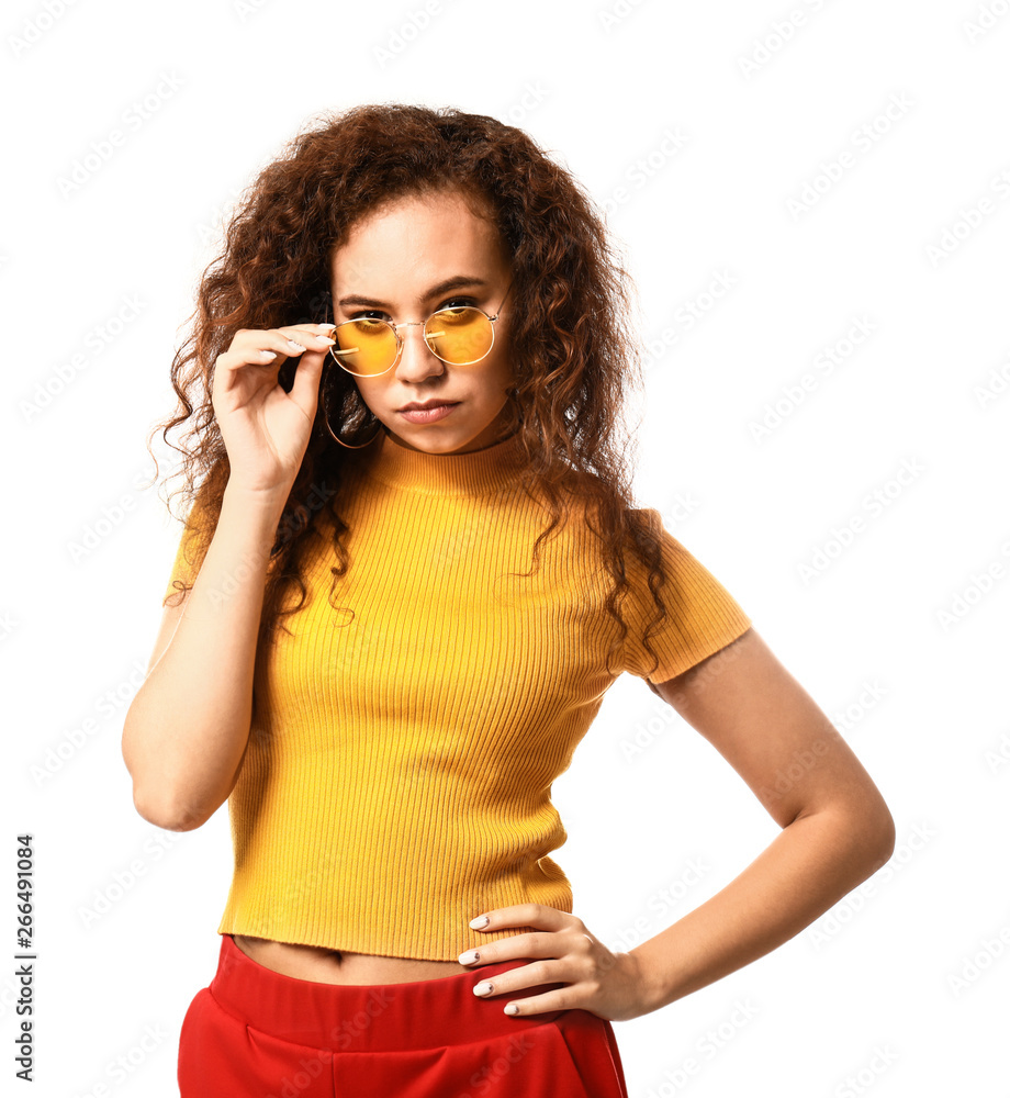 Beautiful young woman on white background