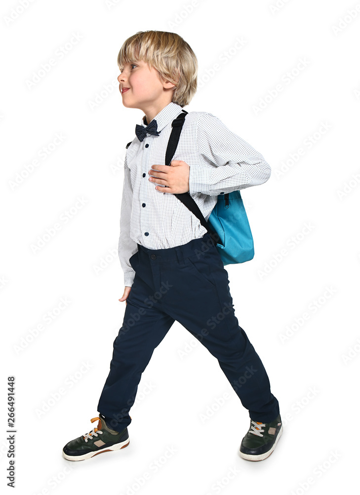 Going little schoolboy on white background