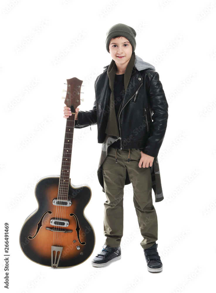 Cool little boy with guitar on white background