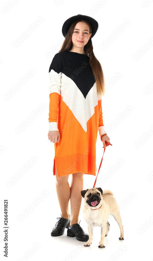 Teenage girl with cute pug dog on white background