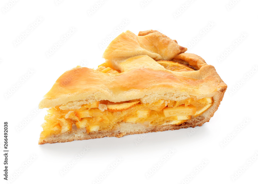 Piece of tasty orange pie on white background