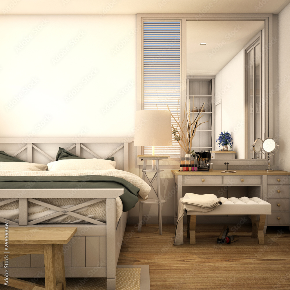 bedroom interior design in vintage style,3d iluustration,3d rendering