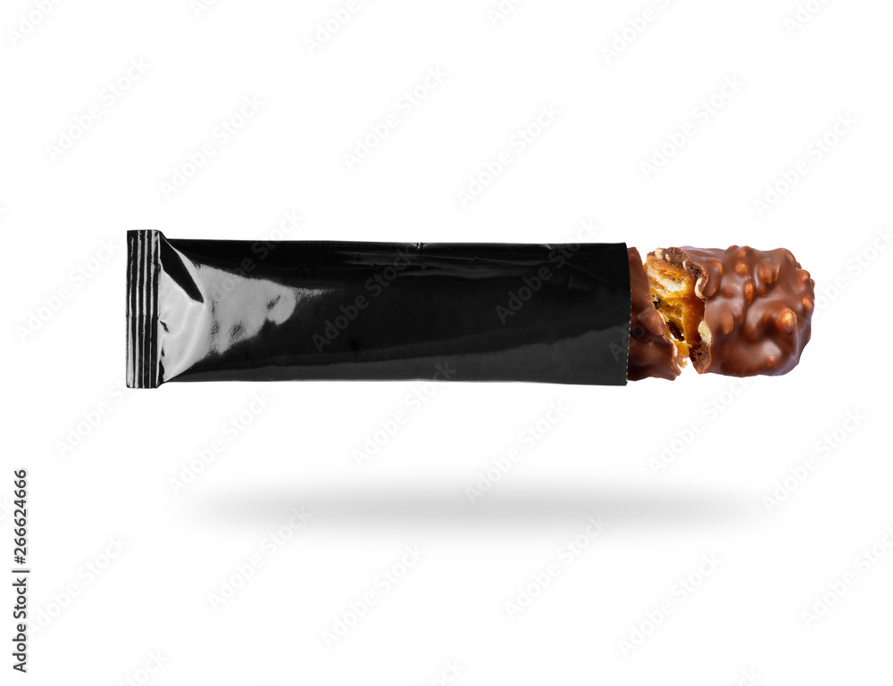 Chocolate bar with nuts in the packaging, isolated on a white background