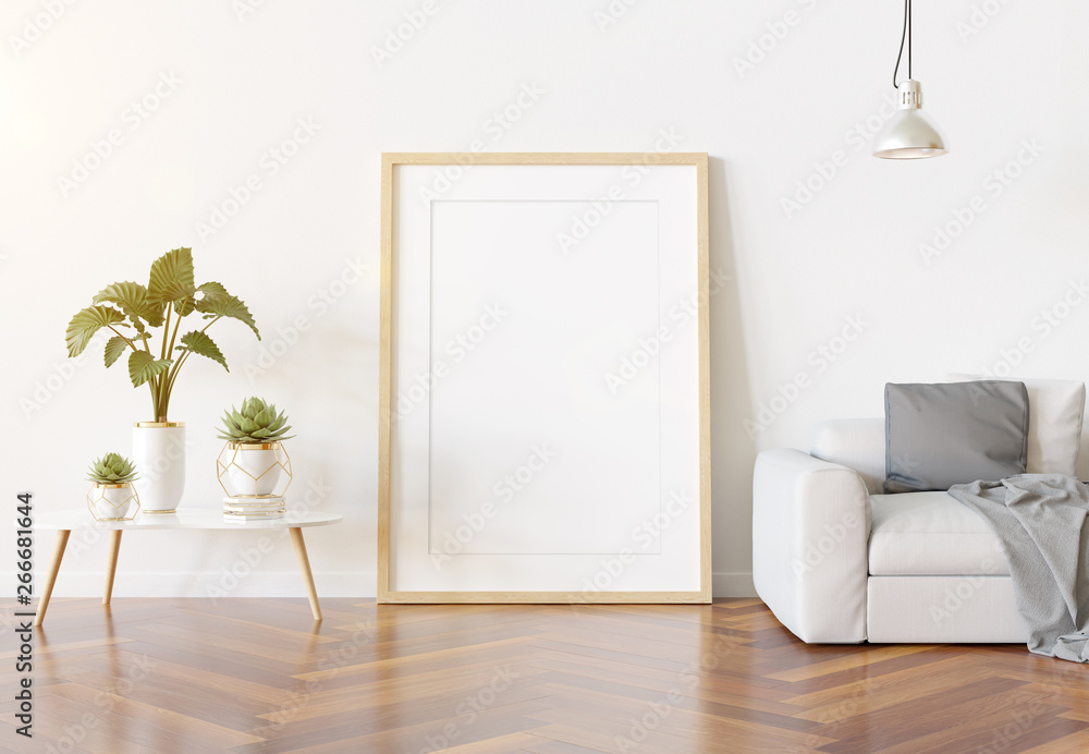 Wooden frame leaning in bright white living room with plants and decorations mockup 3D rendering