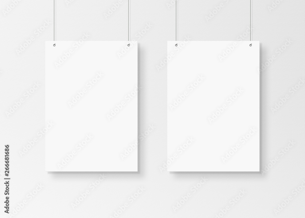 White poster isolated hanging by strings on wall mockup 3D rendering