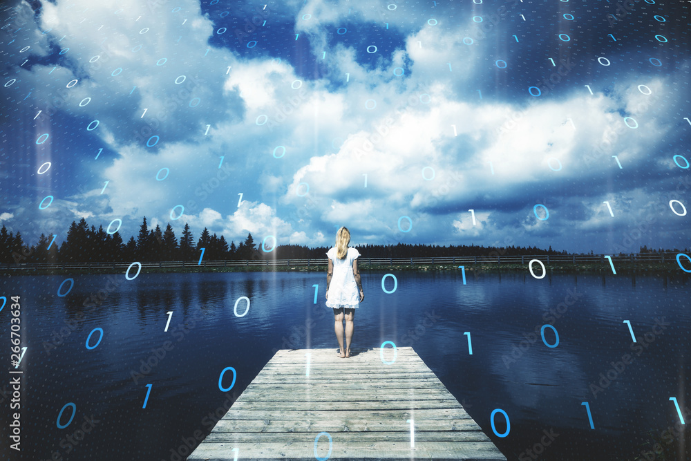 Woman on pier with computer network background