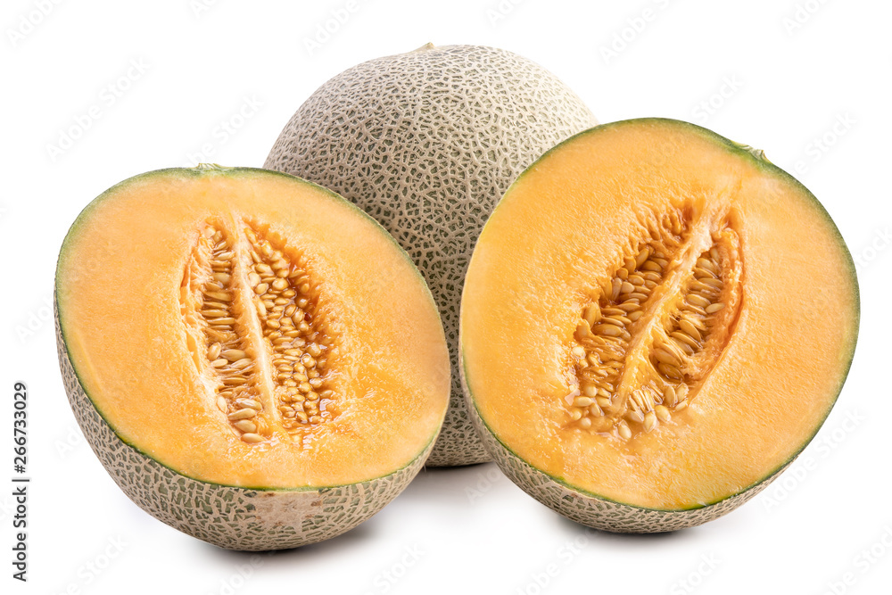 Beautiful tasty sliced juicy cantaloupe melon, muskmelon, rock melon isolated on white background, c