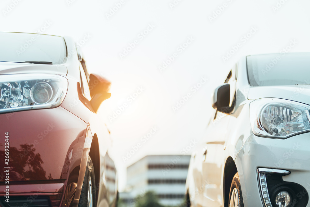 Cars parked in the parking lot, Close-up. Cars For Sale Stock Lot Row. Car Dealer Inventory.