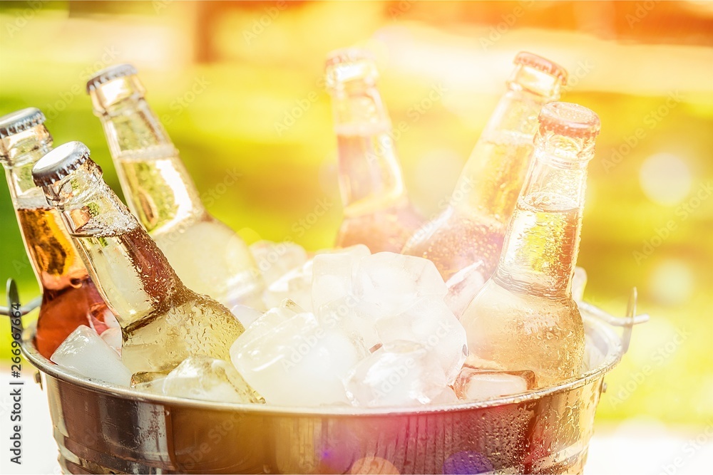 Bottles of cold and fresh beer with ice isolated