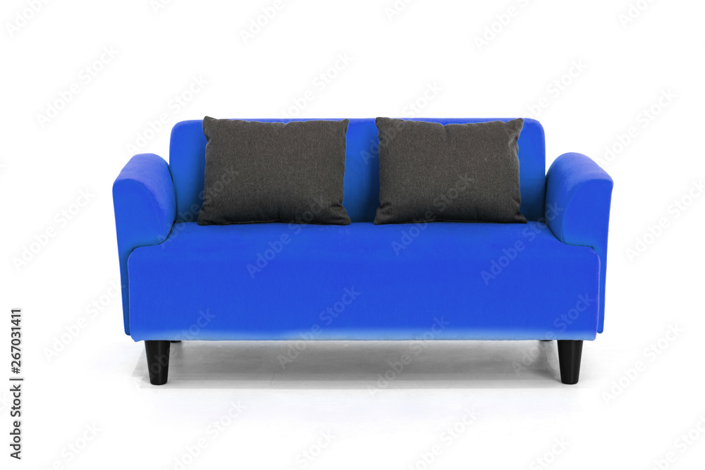 Blue Scandinavian style contemporary sofa on white background with modern and minimal furniture desi