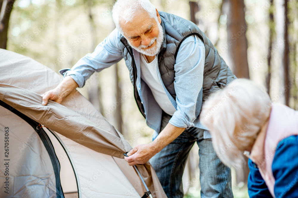 Senior couple preparing for rest, laying out a tent in the forest