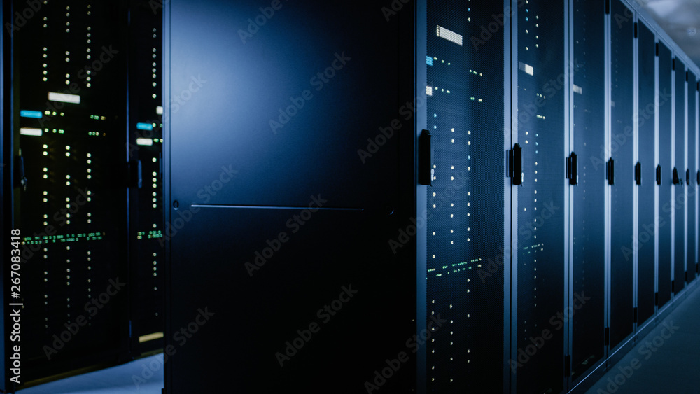 Shot of Data Center With Multiple Rows of Fully Operational Server Racks. Modern Telecommunications,