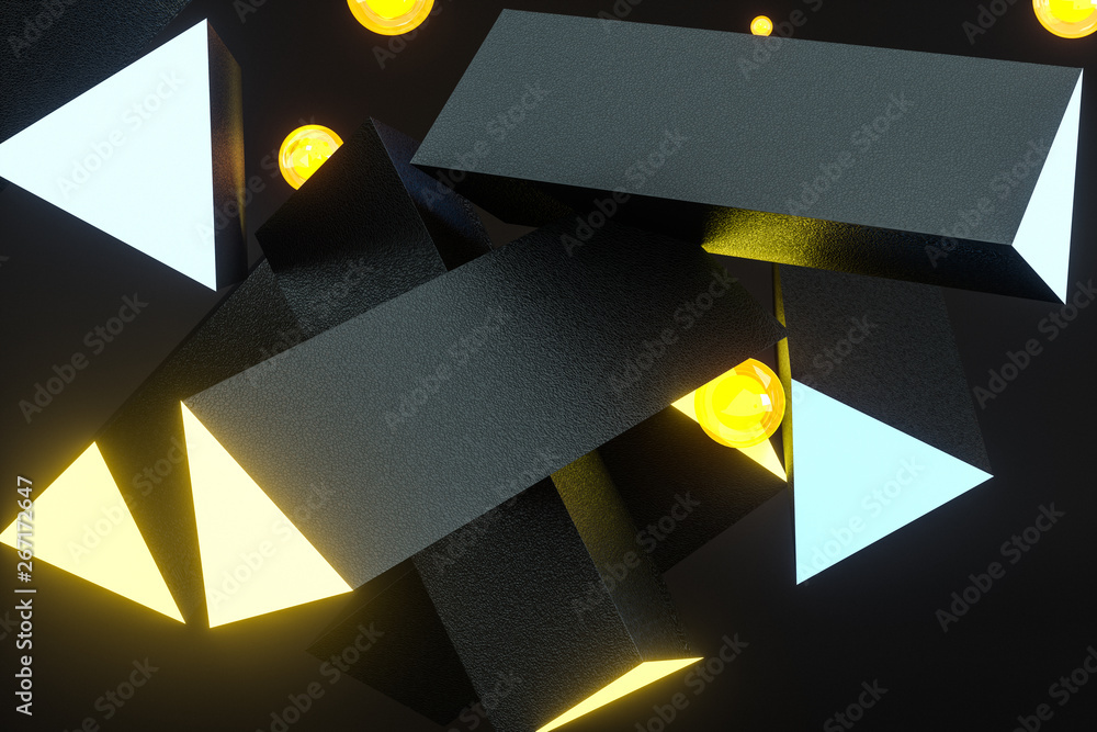 3d rendering, yellow glowing triangle pillar with dark background,