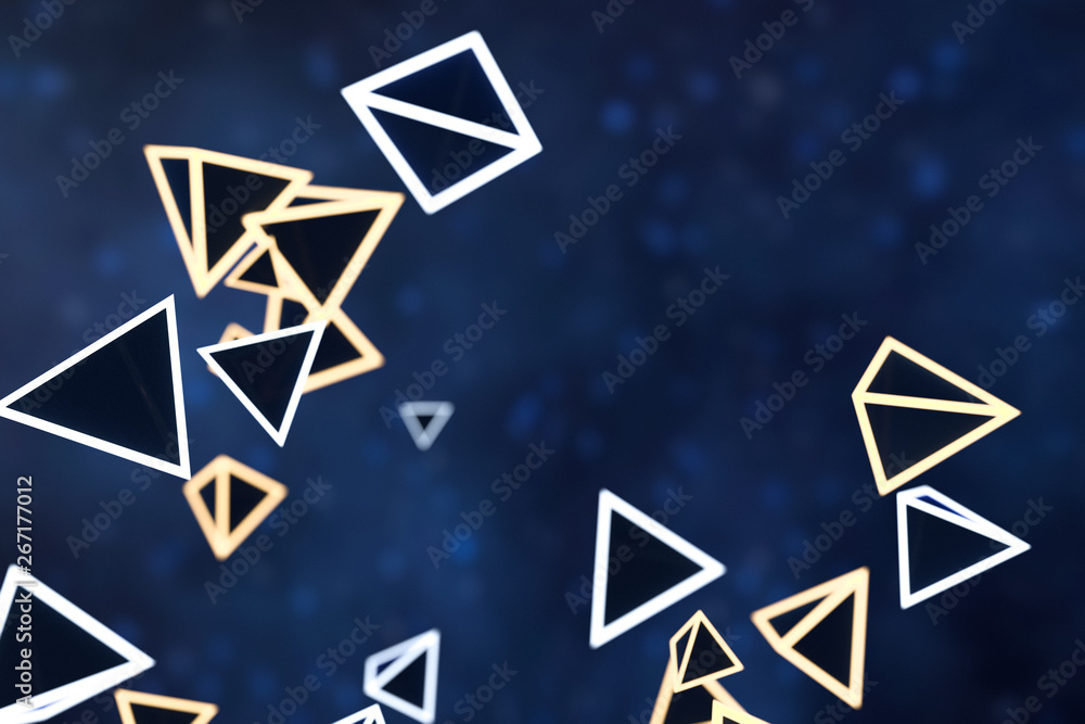 3d rendering, glowing triangle cube with dark background.