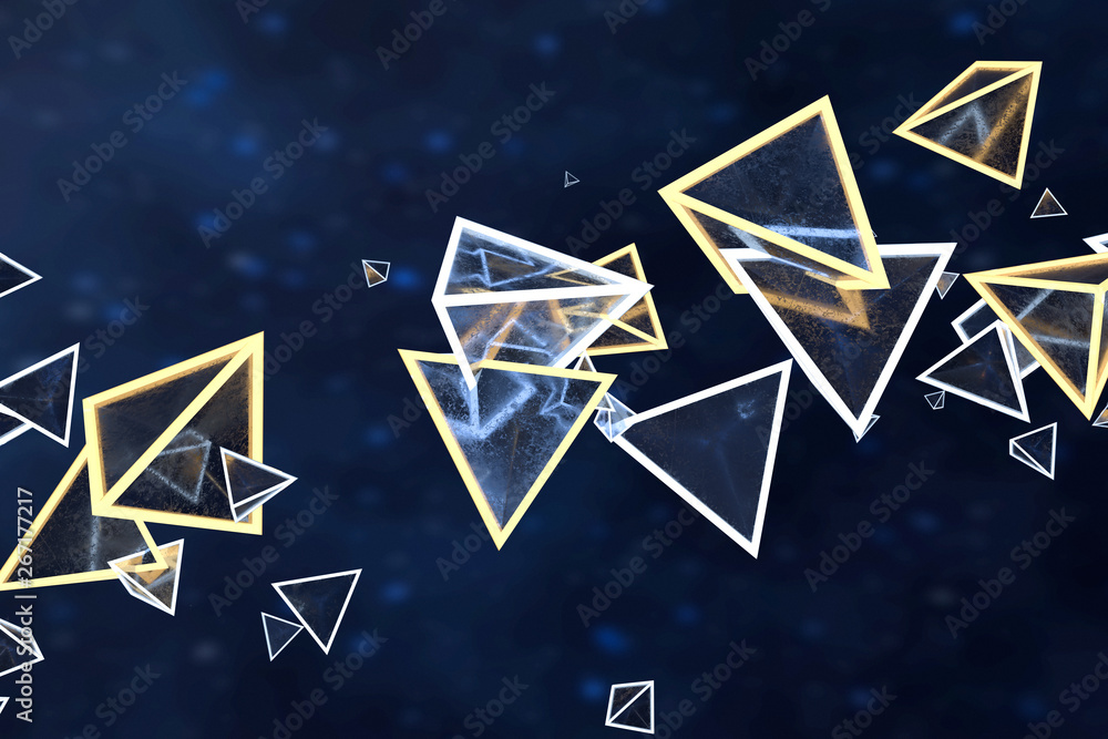 3d rendering, glowing triangle cube with dark background.