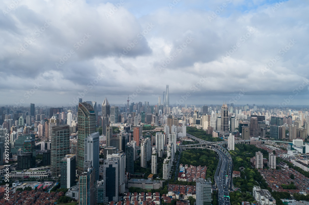 Aerial view of business area and cityscape in the afternoon, West Nanjing Road, Jing`an district, Sh