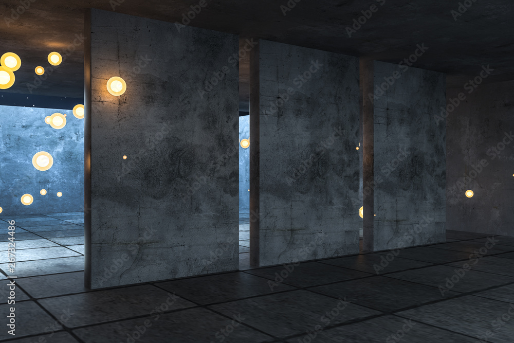 3d rendering, the abandoned empty room at night.