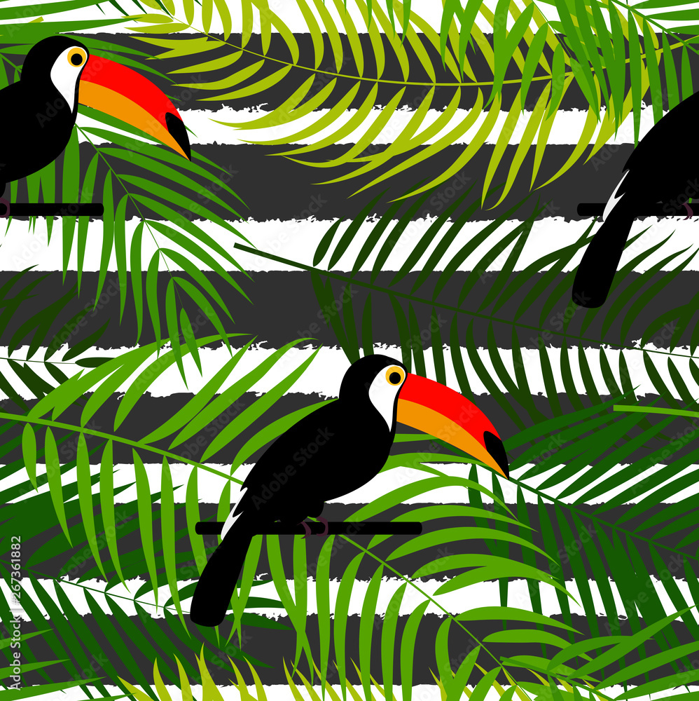 Tropic Toucan bird and palm leaf seamless pattern background design. Vector Illustration