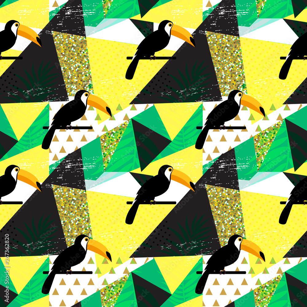 Tropic Toucan bird and palm leaf seamless pattern background design. Vector Illustration