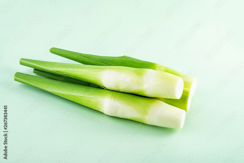 Fresh aquatic vegetables simmered on a light green background