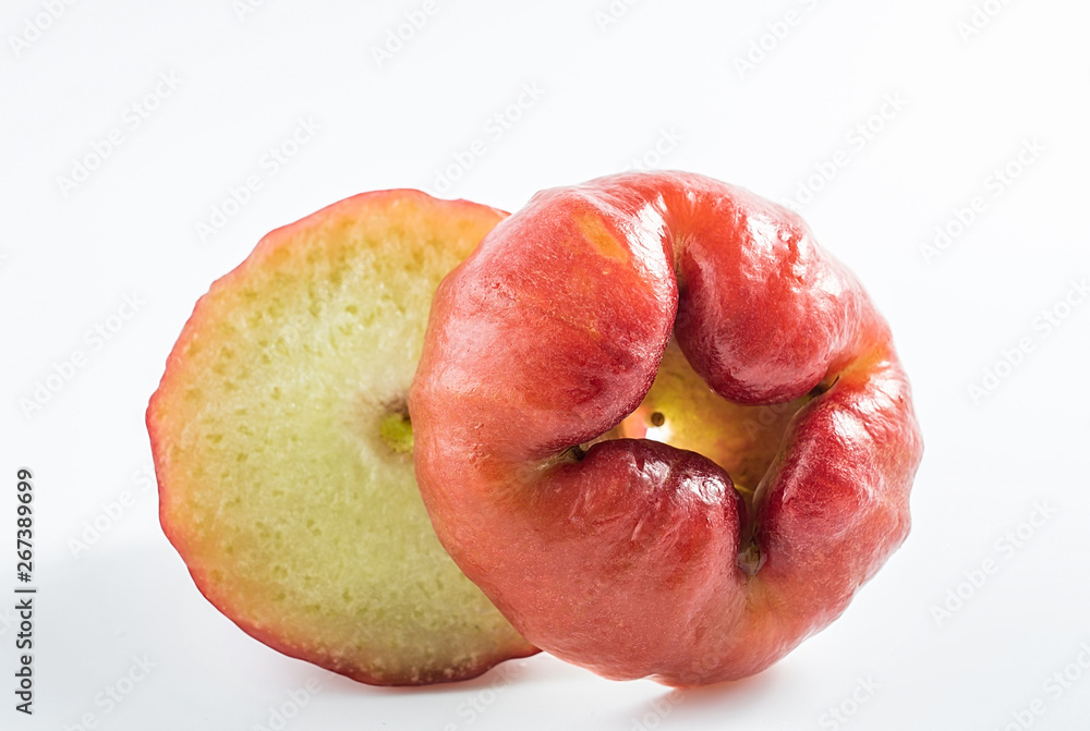 Tropical fruit red lotus leaf slice on white background