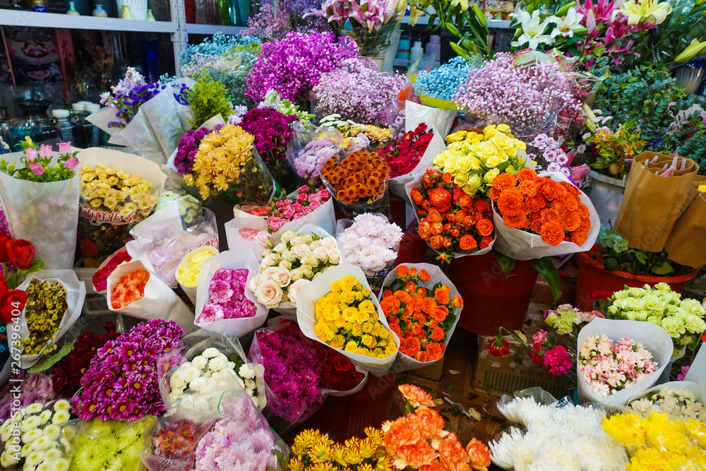 beautiful colorful flowers in flower shop