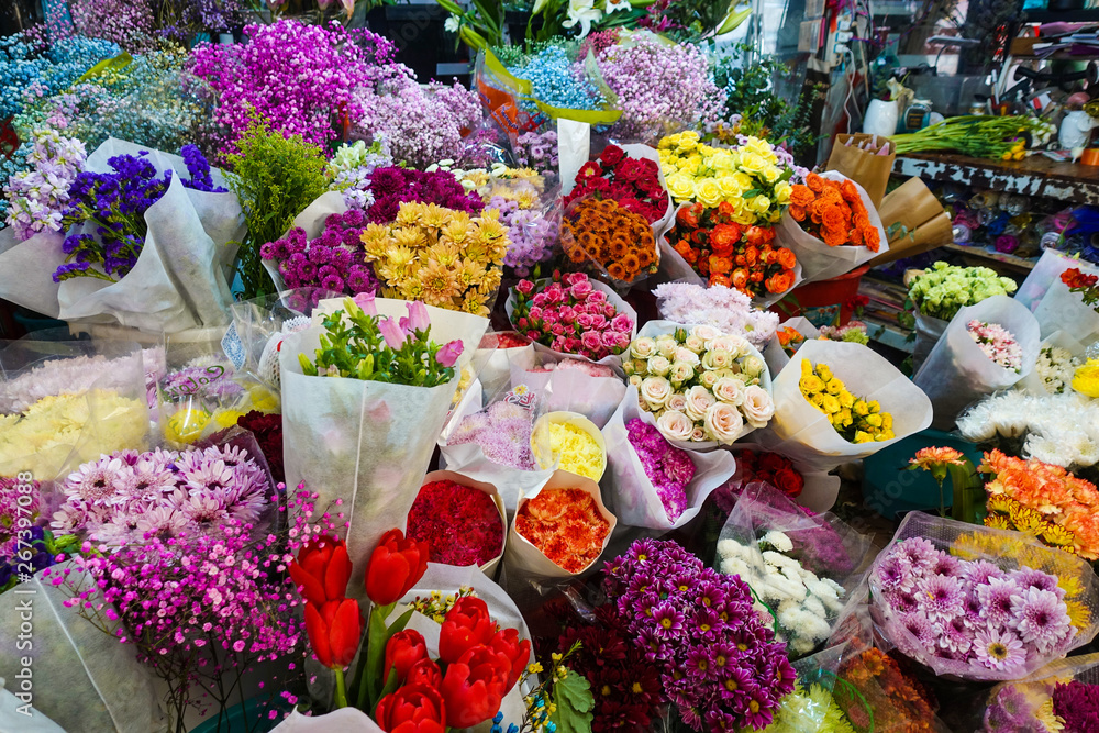 beautiful colorful flowers in flower shop