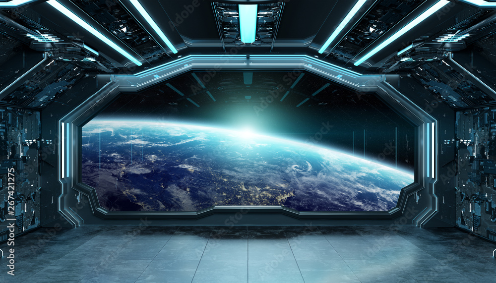 Dark blue spaceship futuristic interior with window view on planet Earth 3d rendering