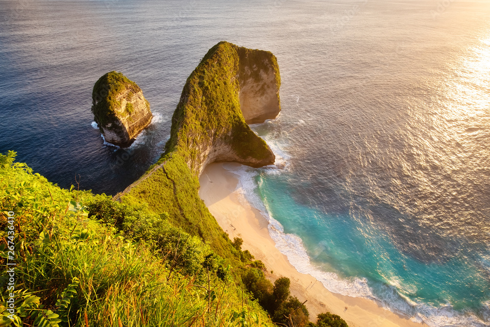 View on the cape during sunset. Seascape during the sunset. Beach and ocean. Kelingking beach, Nusa 