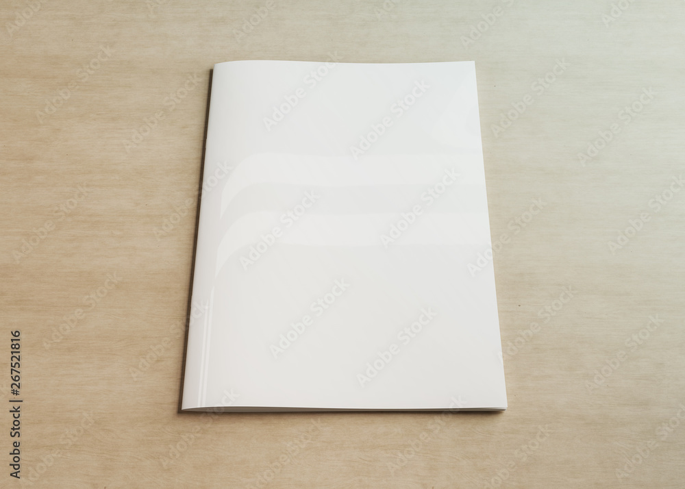 White magazine cover mockup on wood 3d rendering