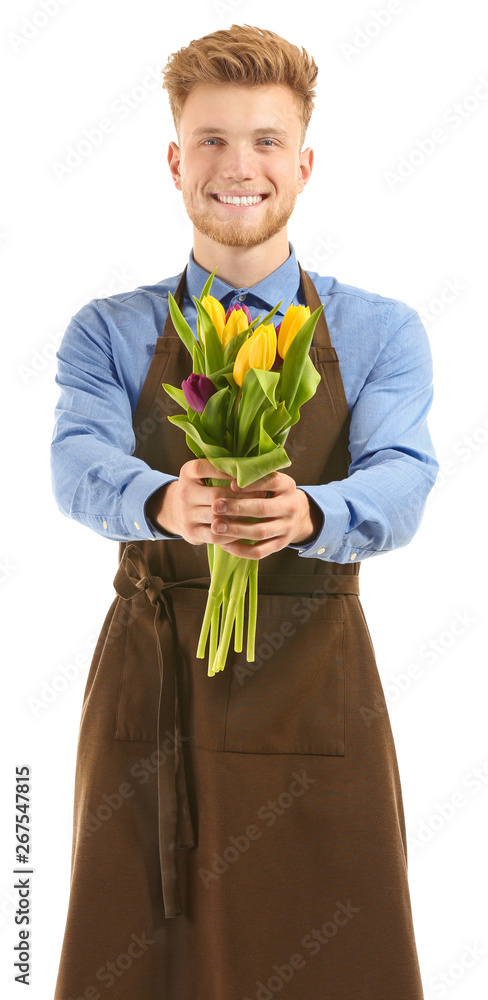 Male florist with bouquet on white background