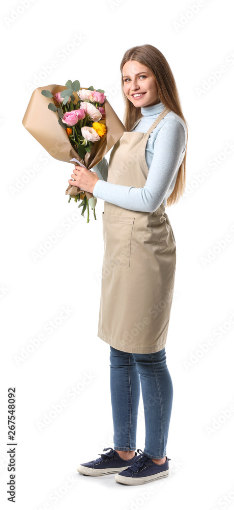 Female florist with bouquet on white background