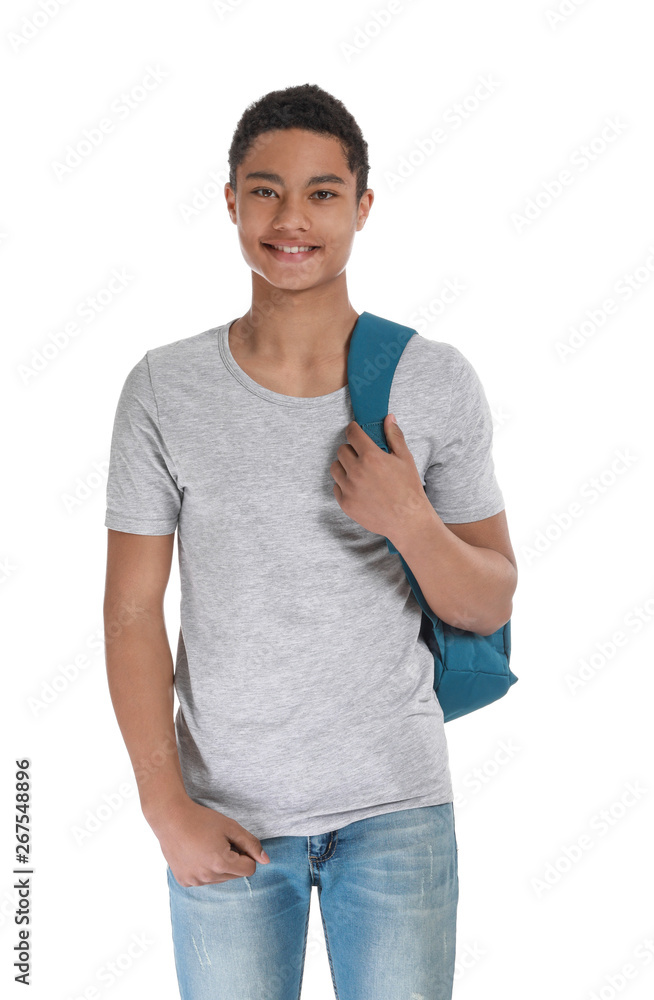 African-American teenage boy on white background