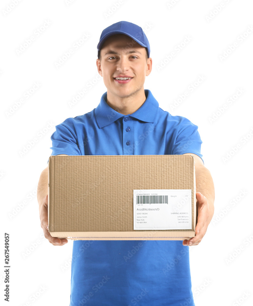 Delivery man with box on white background