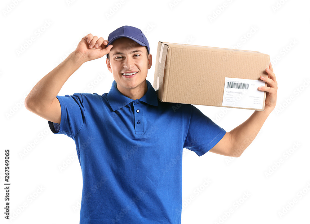 Delivery man with box on white background