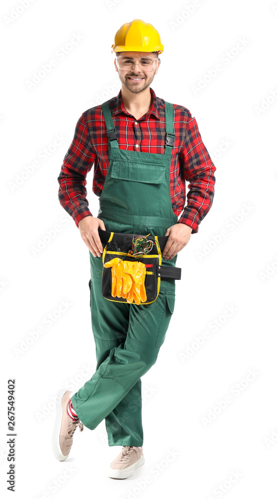 Male electrician on white background