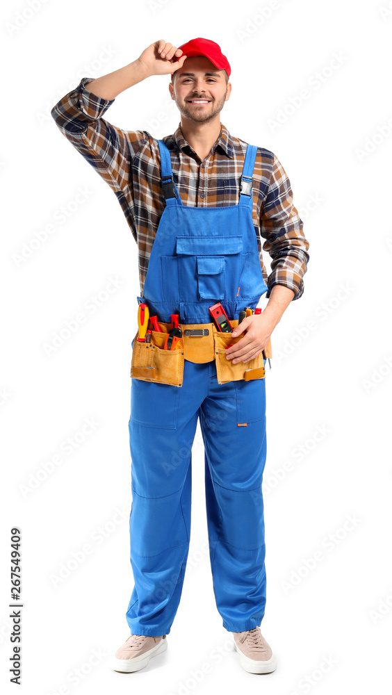 Male electrician on white background