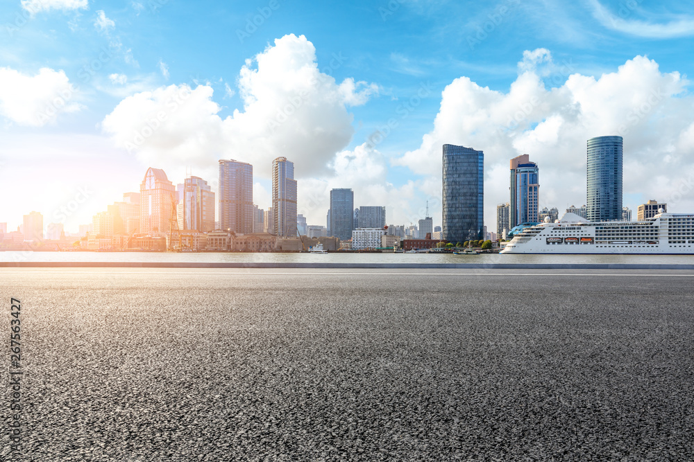 Empty highway and modern city skyline in Shanghai