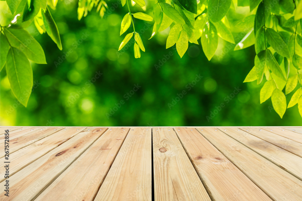 Empty wood plank table top with park green nature background