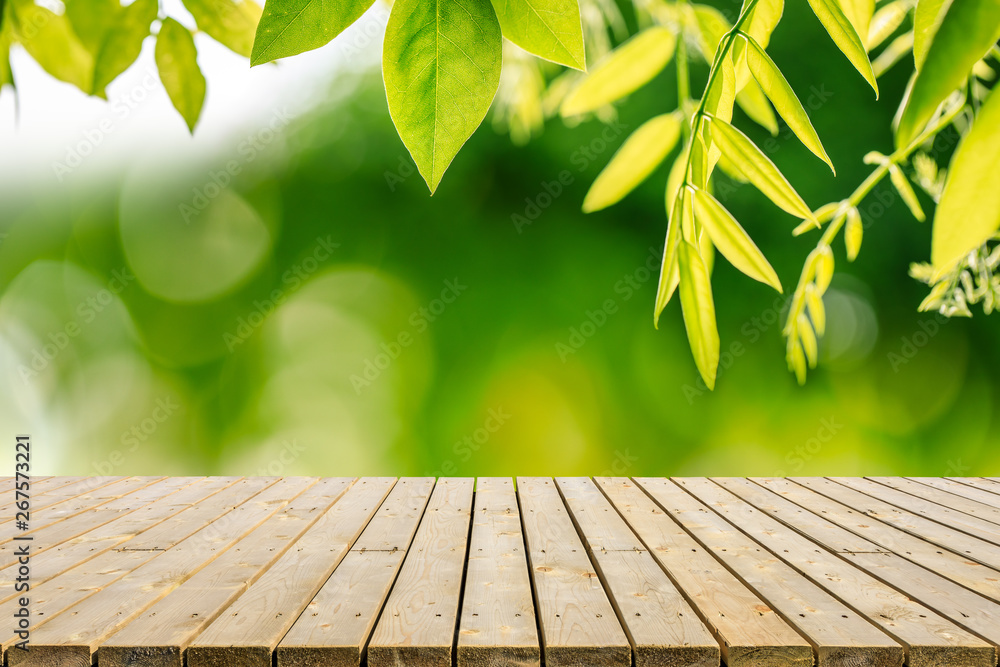 Empty wood plank table top with park green nature background