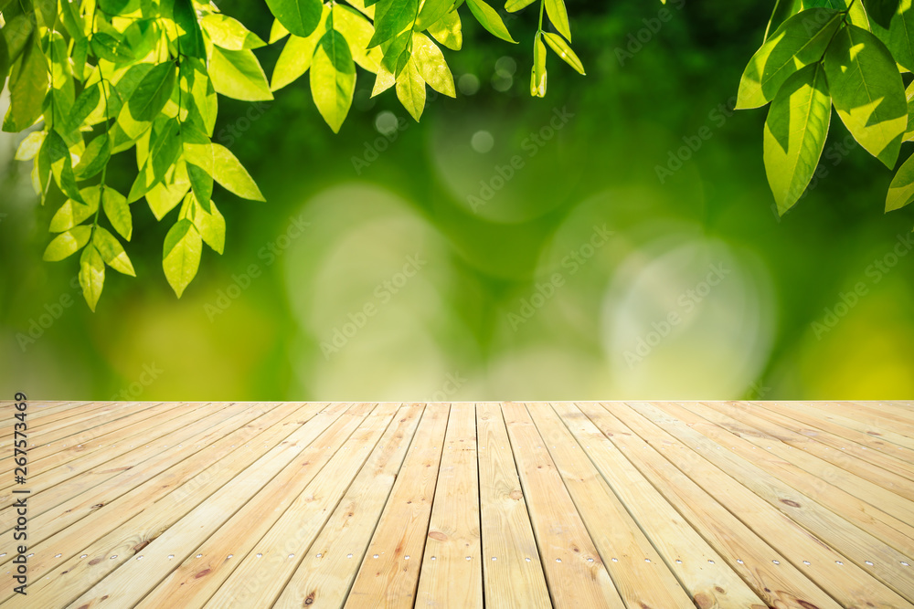 Empty wood plank table top with park green nature background