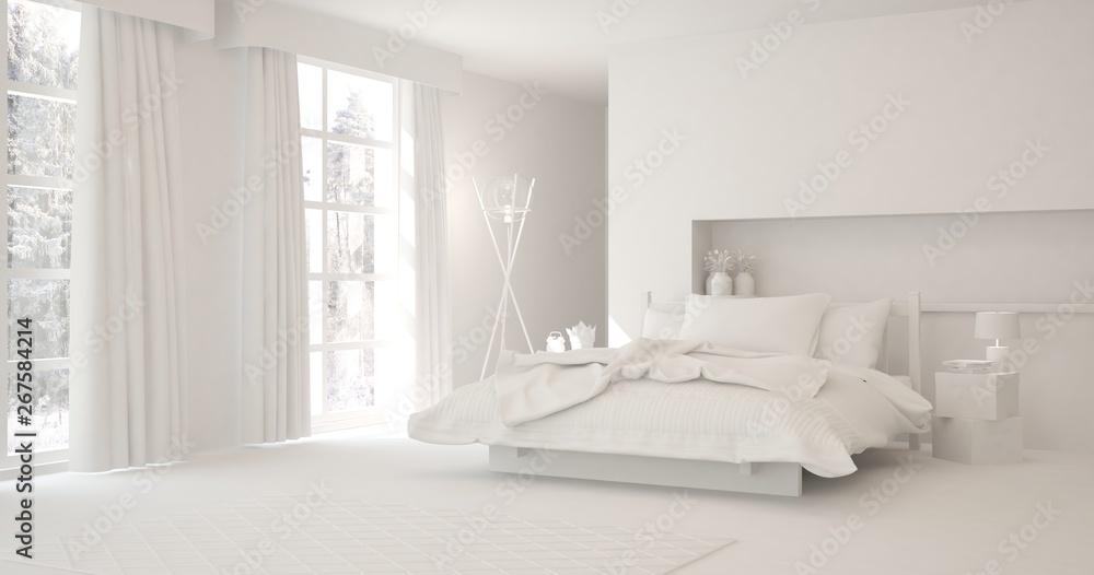 Modern bedroom in white color. Scandinavian interior design. 3D illustration