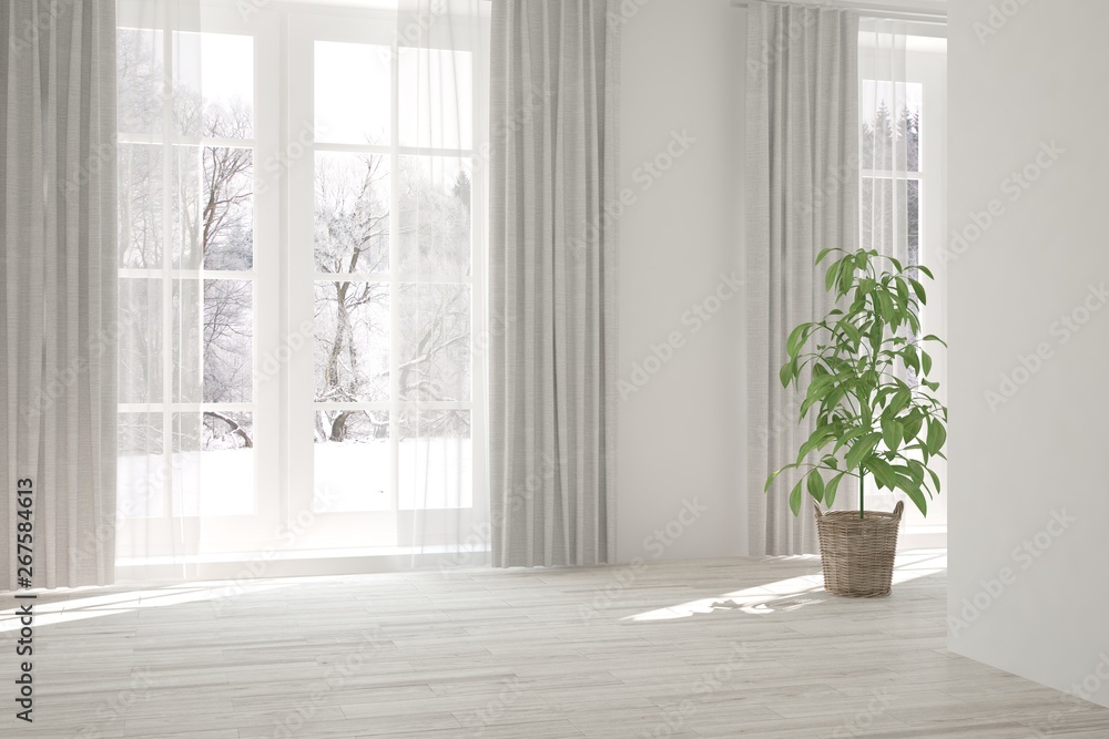 Mock up of empty room in white color with winter landscape in window. Scandinavian interior design. 