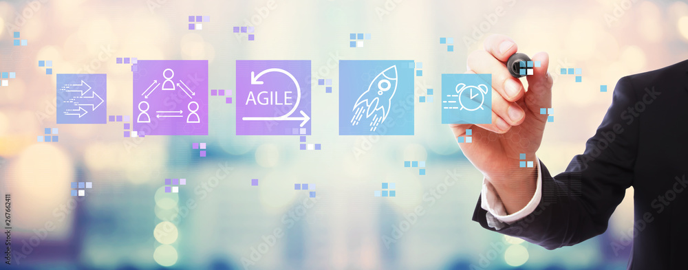 Agile concept with businessman on blurred abstract background