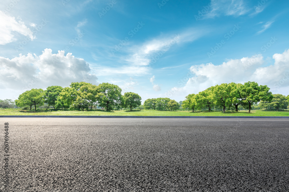 Country road and green forest natural landscape under the blue sky